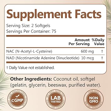 NAC Supplement 600mg with NAD+ 150 Softgels, Glutathione