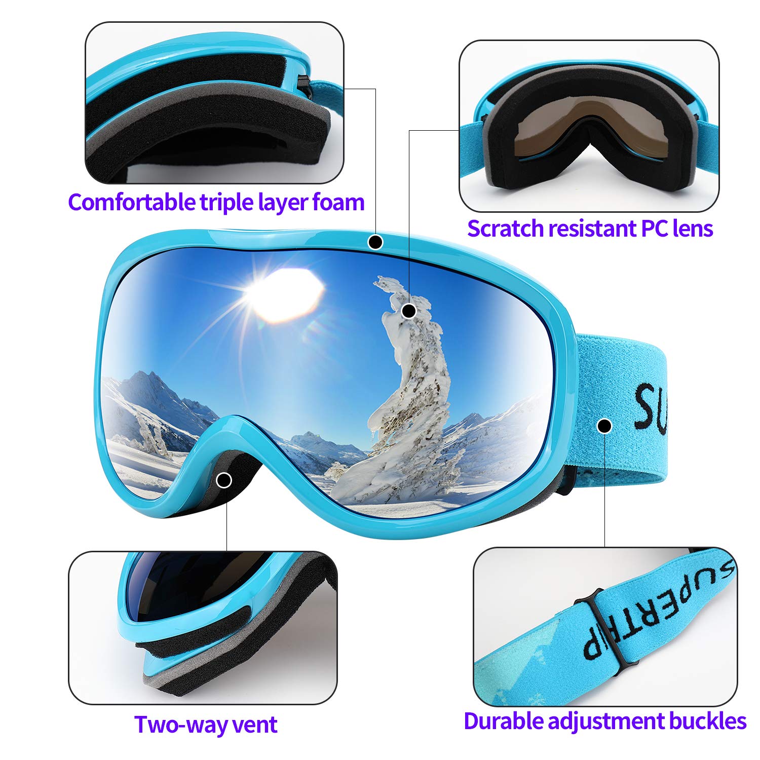 Supertrip Ski Goggles Womens Mens,Anti-fog Anti-glare Skiing Snowboard goggles with 100% UV401 Protection,Helmet Compatible - Image 4