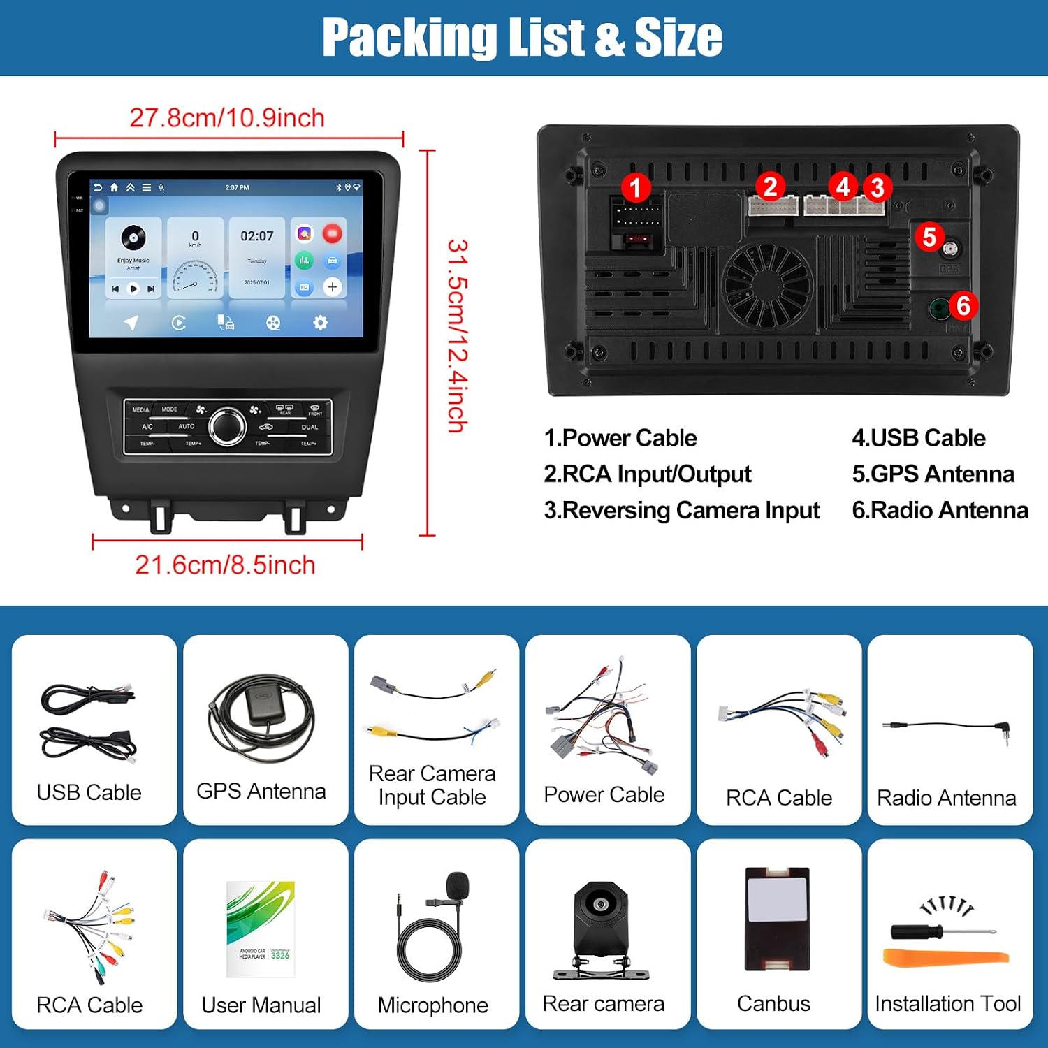 SIXTOP Android Car Stereo Packing List and Dimensions