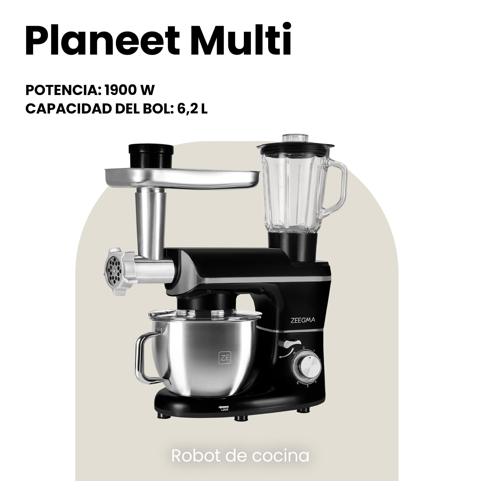 ZEEGMA PLANEET MULTI Robot de Cocina Planetario 1900W 3 en 1, Maquina Amasadora de Masa con Bol de 6,2 L con Asa y Tapa, Batidora de Vaso, Picadora Eléctrica de Carne de 6 Velocidades