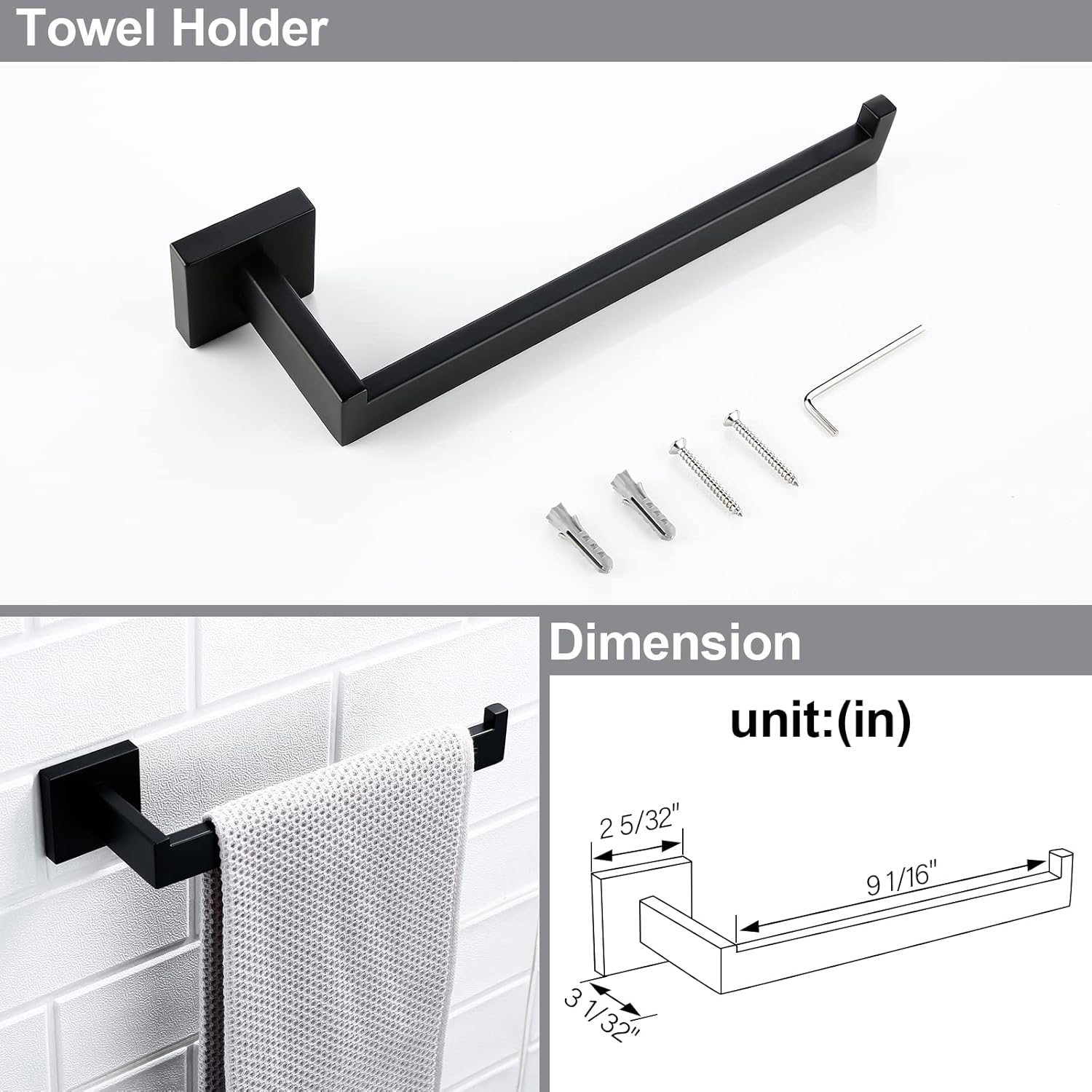 BAGNOLUX Matte Black Bathroom Accessories Set 4 Pieces, Bathroom Towel Holder Set Stainless Steel, Black Towel Bar Towel Racks for Bathroom Wall Mounted, Square Bathroom Hardware Set Heavy Duty