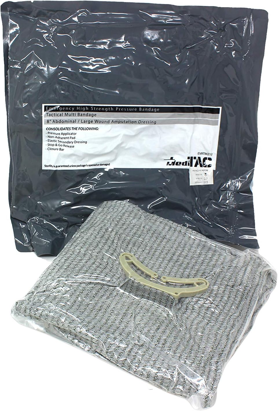 MediTac Emergency High Strength Pressure Bandage Trauma Wound Dressing Hemostatic Control Bandage for Amputation, Abdominal and Large Wound Area with 12” x 12” Pad – 8” Bandage