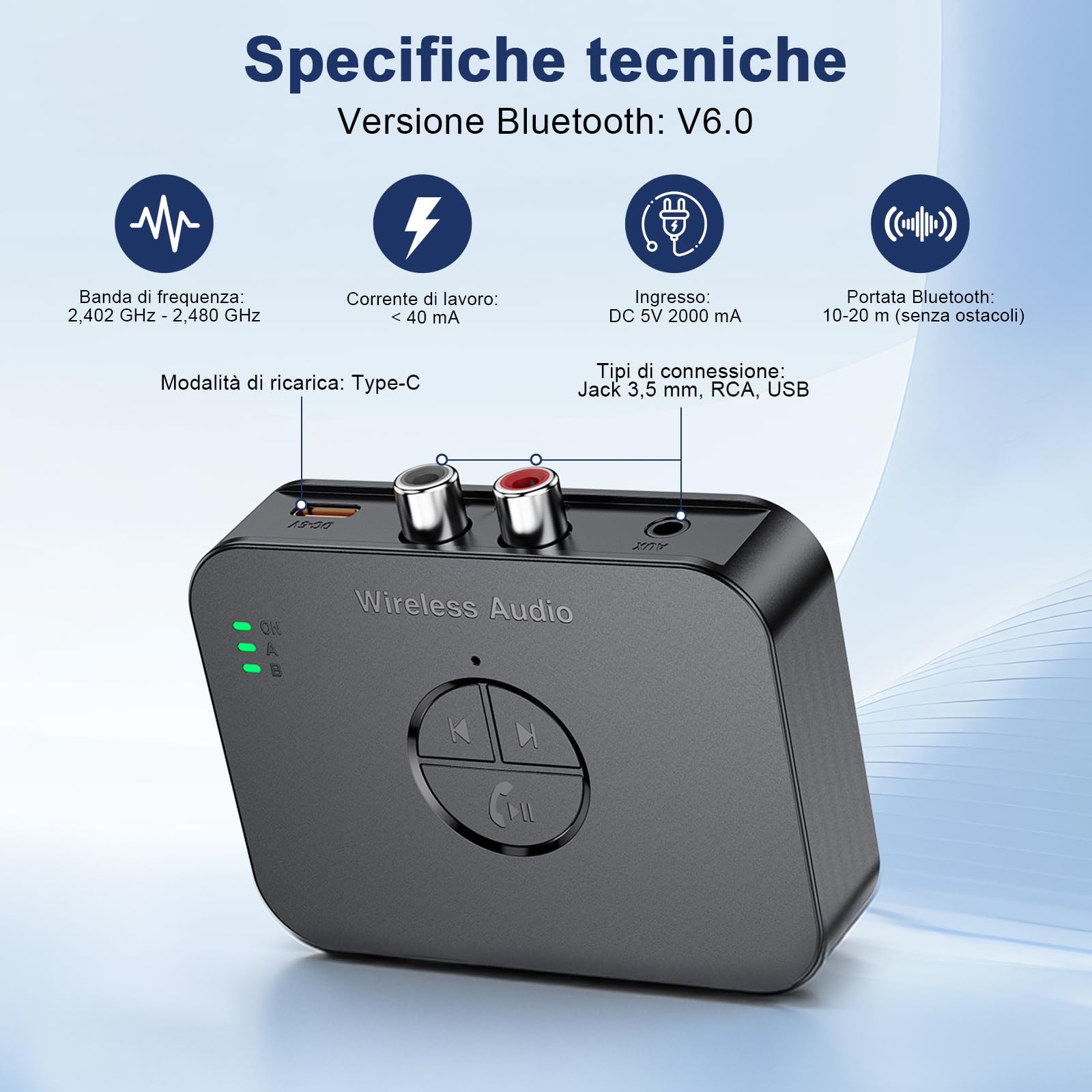 Adattatore Bluetooth 5.4 Impianto Stereo con Telecomando, Ricevitore Audio Wireless Hi-Fi con Jack Aux 3.5mm RCA