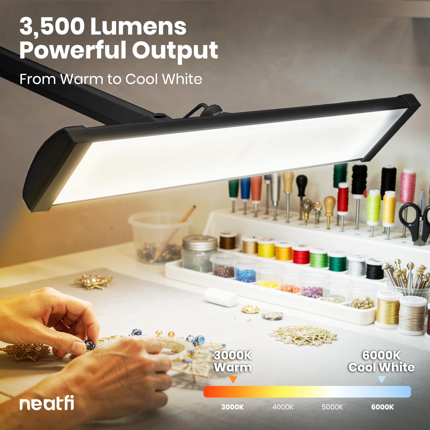 Neatfi Lampada da Scrivania LED da 3.500 Lumen – 45W Dimmerabile | 3 Modalità di Luce | 540 LED SMD | Controllo Touch | Paralume in Metallo Largo 66cm | Artigianato e Ufficio (Nero, CCT con morsetto)