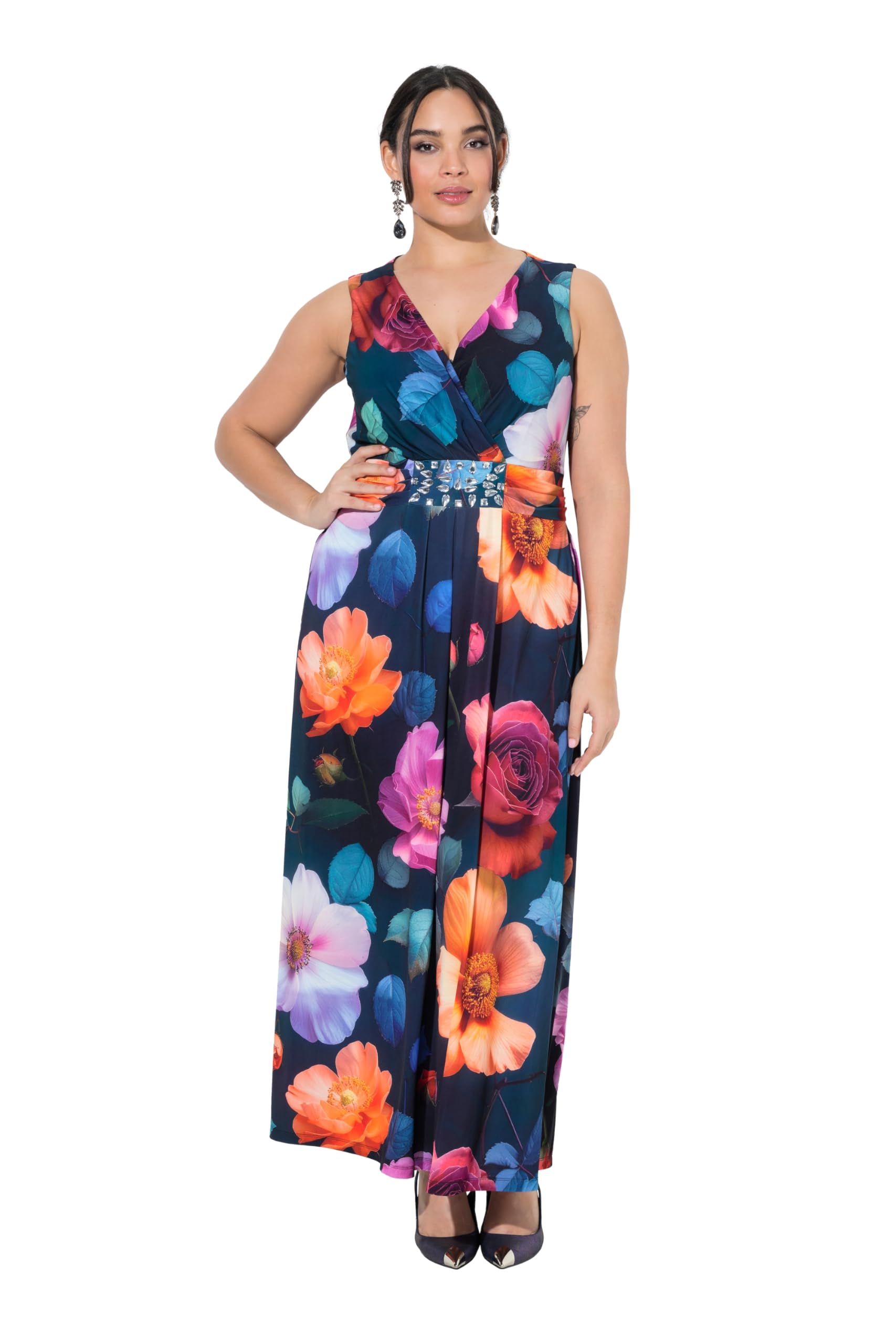 Ulla Popken Damen große Größen Übergrößen Plus Size Maxikleid, Blüten, A-Linie, V-Ausschnitt, ärmellos 849326