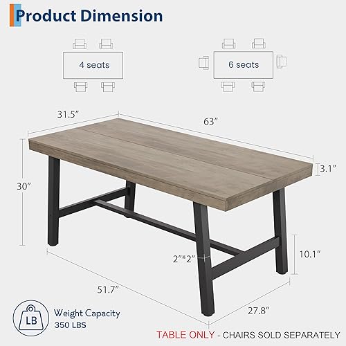 Vista 2 de GarveeHome Mesa de Comedor Industrial para 4-6 Personas, Mesa de Cocina de Madera de 63" de Largo con Marco de Metal Resistente y Acabado Gris