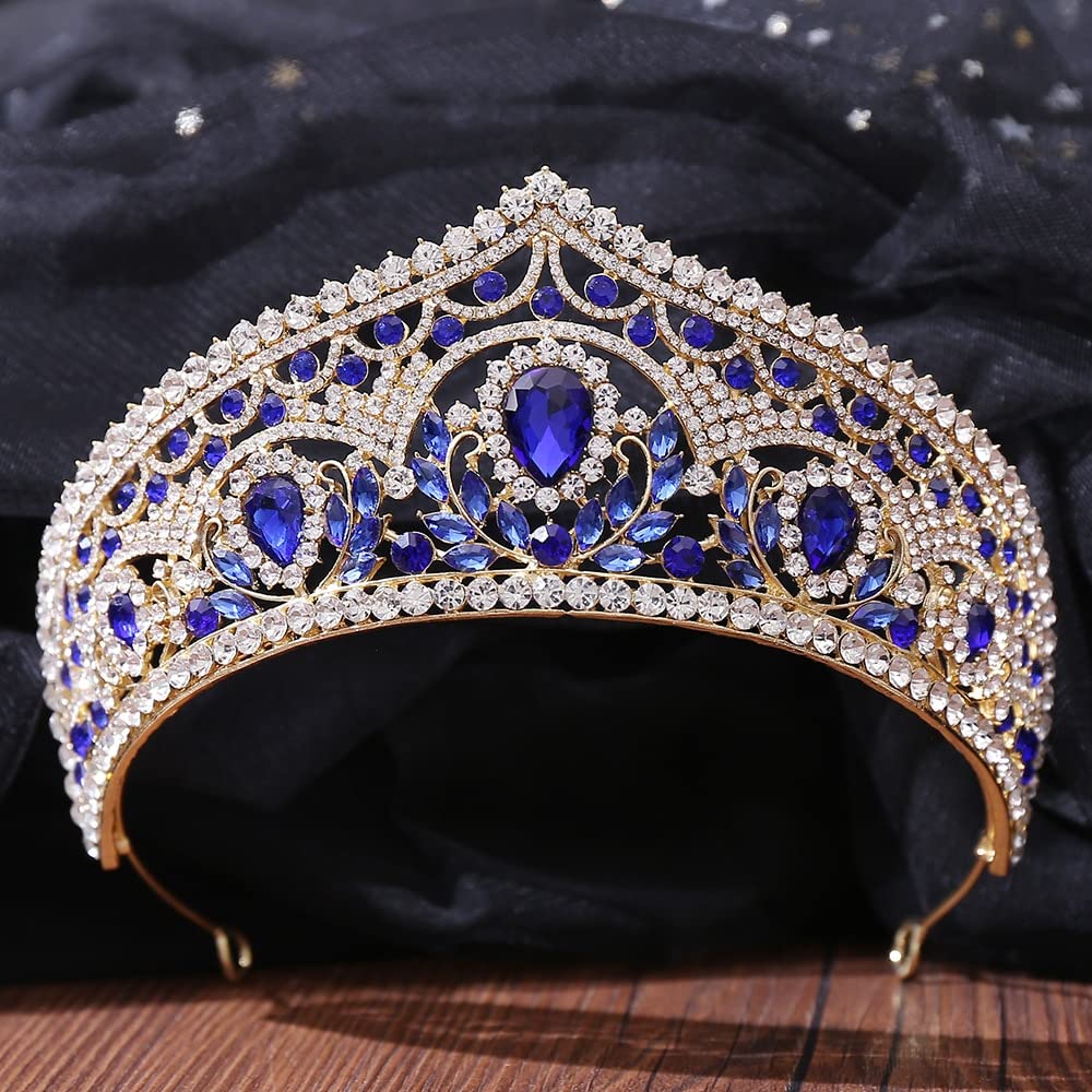 Elegant Gold and Blue Crystal Tiara, high quality gems, new Royal Blue Gold Tiara Crown Bride Bridesmaid Crystal Tiara  main image 2