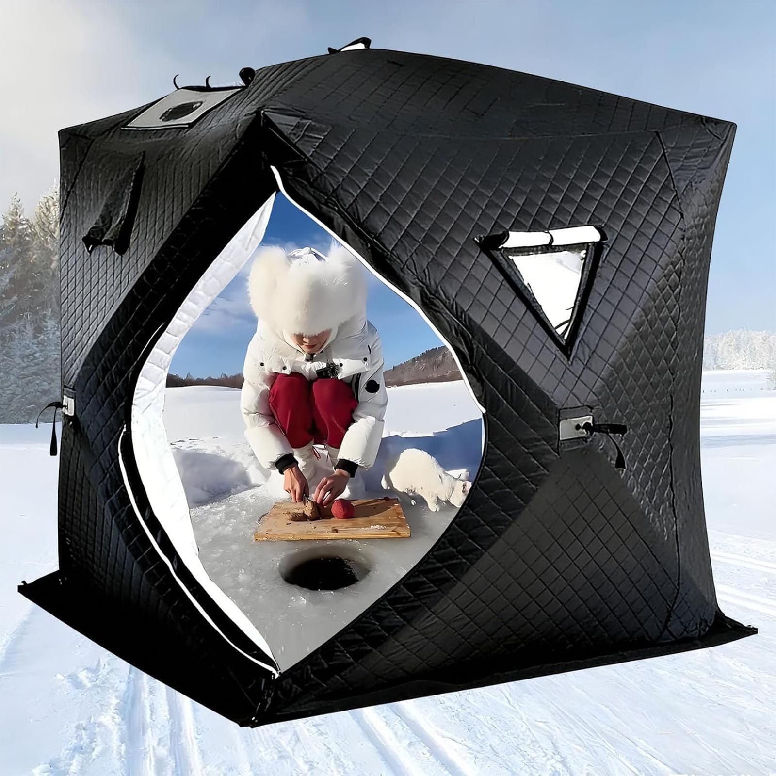 Tente Isolée pour Pêche Blanche, Cabane Thermique avec Cheminée 1.8m