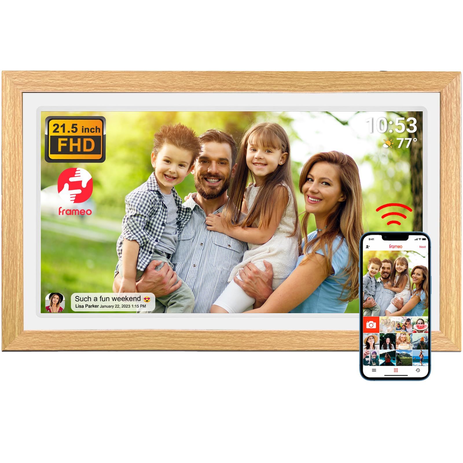FRAMEO Cyfrowa ramka na zdjęcia 21,5 cala z ekranem dotykowym LCD 1920 x 1080 FHD IPS, Dual WiFi do dzielenia się chwilami za pomocą aplikacji Frameo, pamięć 32 GB, możliwość rozszerzenia za pomocą