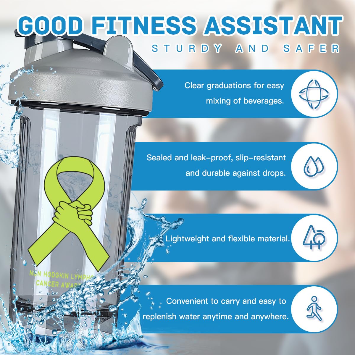 Non Hodgkin lymphoma Cancer Awareness 18 Ounce Shaker Bottle Drink Mixer Leak-proof Pre Workout Protein Shakes Meal Replacement Shakes Bottles 500ML/18 Oz Gray&-3