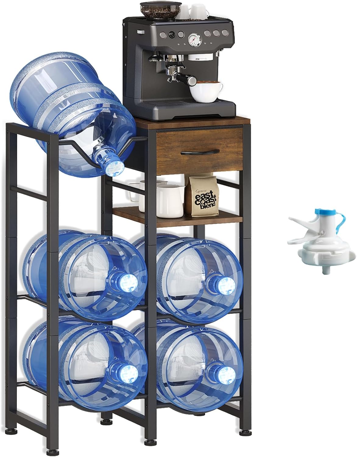 5 Gallon Water Jug Holder with Dispenser Valve,5 Slots, 3-Tier Water Bottle Rack with 2-Layer Storage Shelves with Fabric Drawer, Heavy Duty Dispenser Stand for Home, Kitchen, Office