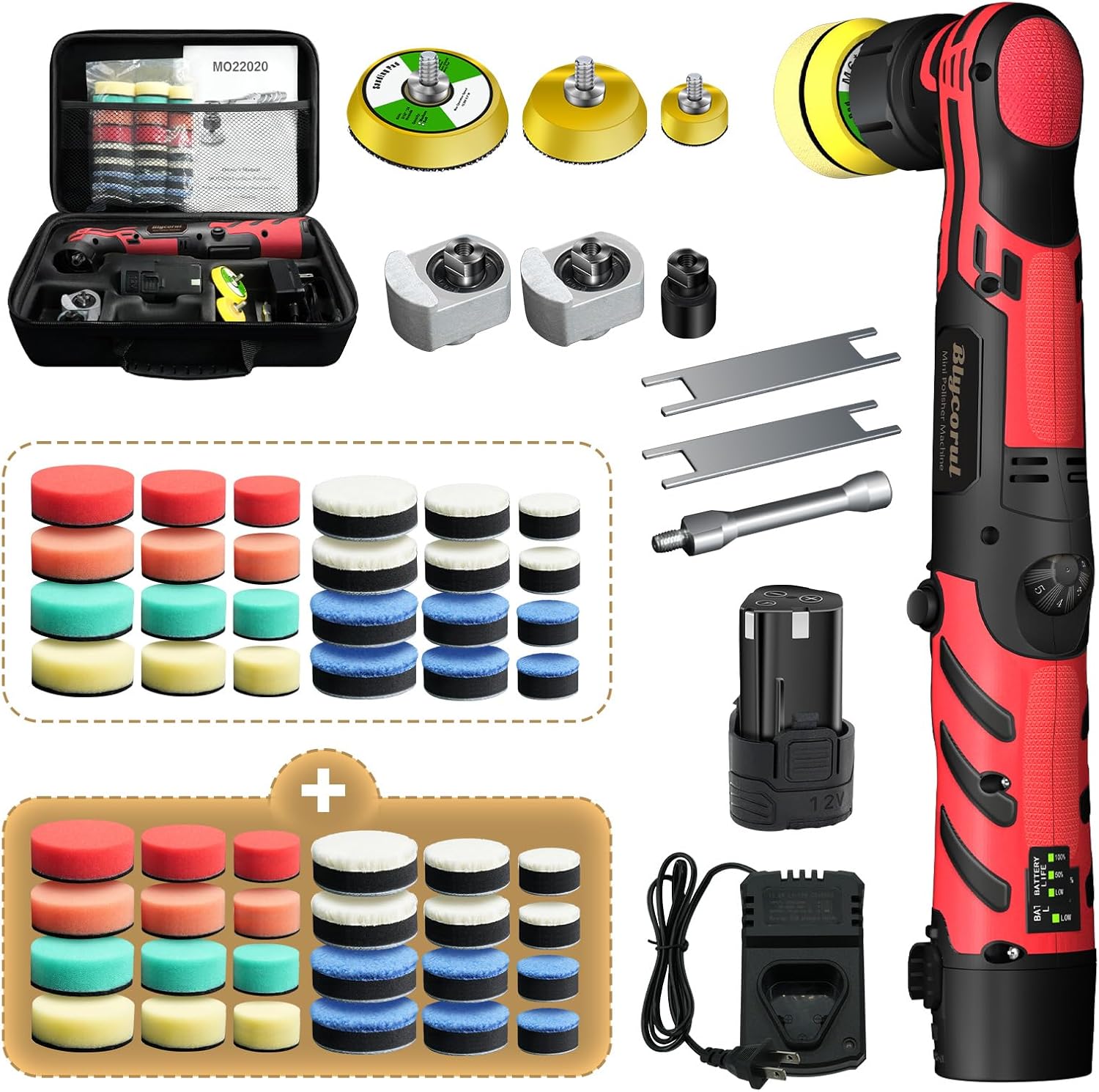 Cordless Red Mini Polisher, 2 Sets of 1/1.5/2 Inch Polisher Pads,DA&RO with 11 Variable Speed 2500-6000 RPM, 2.3Ah Rechargeable Battery