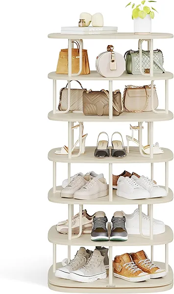 VASAGLE 7-Tier Shoe Rack, Rotating Shoe Rack Tower, Shoe Closet Organizer, Shoe Shelf, 28-35 Pairs, 23.6 x 23.6 x 47.2 Inches, for Entryway, Living Room, Closet, Cream White ULBS041W01