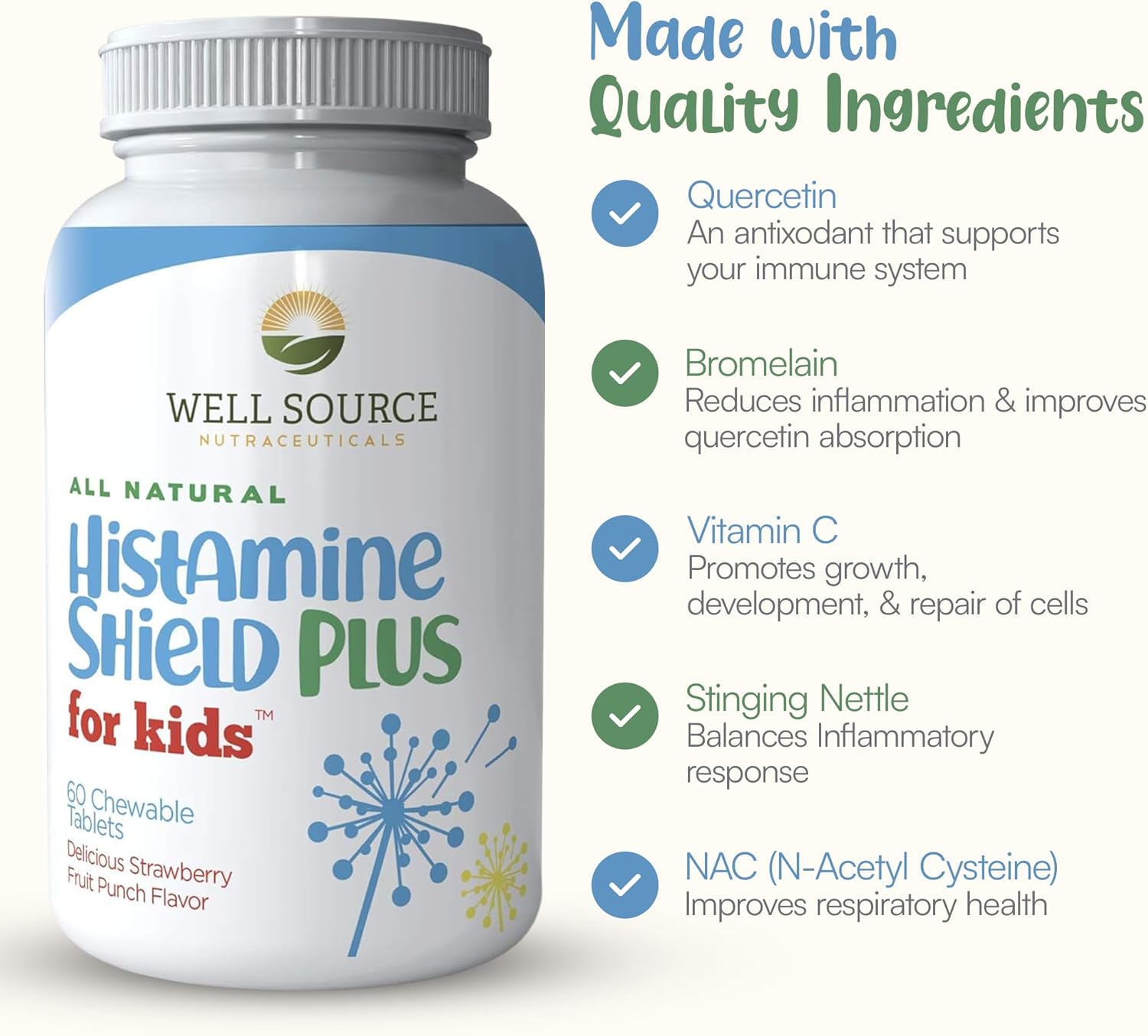 Natural Antihistamine Supplement, Sinus & Allergy Relief for Pollen, Pet Dander, Dust, Mold, and Odors, 60 Strawberry Fruit Punch Chewable Tablets