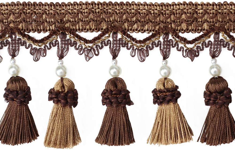 BEL AVENIR Tassel Fringe Trim 6.5 Yard x 3.15 Inches Luxury Beaded Tassel Fringing Trimmings - Brown