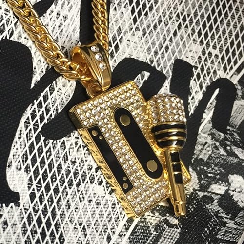 Tidoo Jewelry Men's Cool Hip Hop Tape&Microphone Pendant Golden Necklaces #TOP4