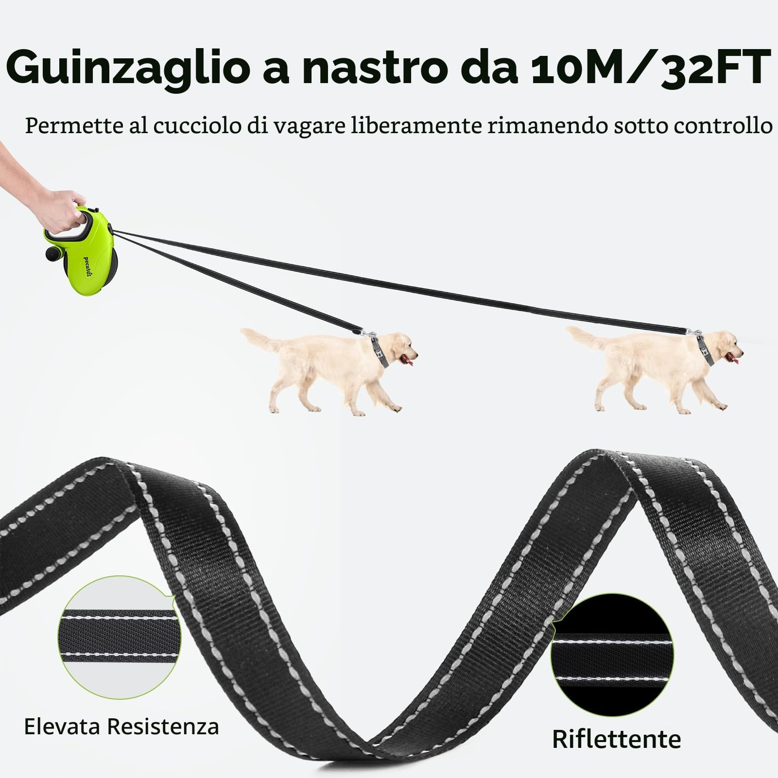 Pecute Guinzaglio Retrattile per Cani 10M (Fino a 50 Kg), Guinzaglio per Cane con Guinzaglio Esteso Senza Grovigli a 360°, Impugnatura Antiscivolo e Pulsante di Freno Rapido,Verde