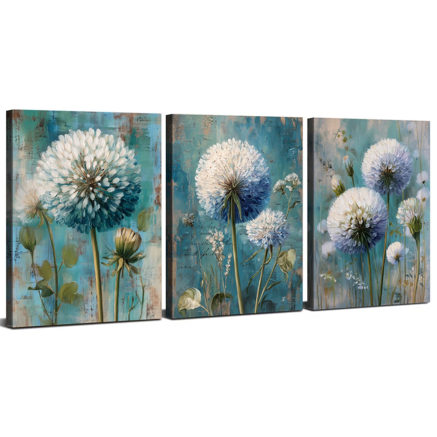 Set of 3 Dandelion Canvas Wall Art Teal Blue Flower Wall Decor Rustic Botanical Prints Vintage Farmhouse Floral Wall Pictures for Living Room Cottagecore Framed Artwork Bedroom Home Decoration 40x60cm — image 1