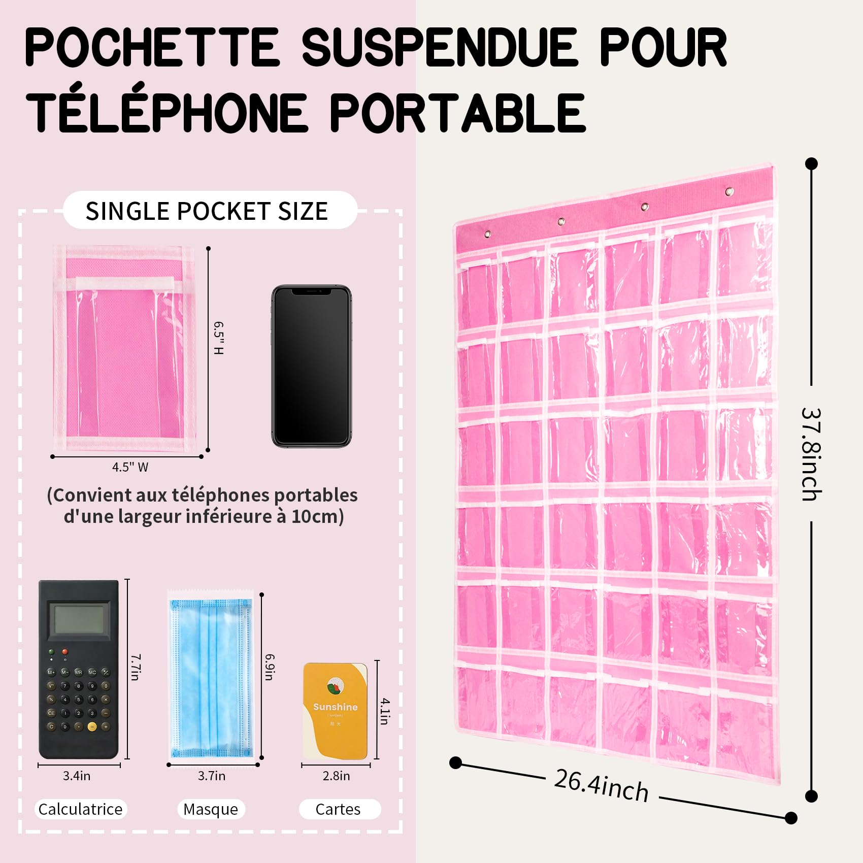Organiseur de salle de classe à 36 poches, support de calculatrice de téléphone, support mural à suspendre avec crochets et autocollants numérotés (Rose)