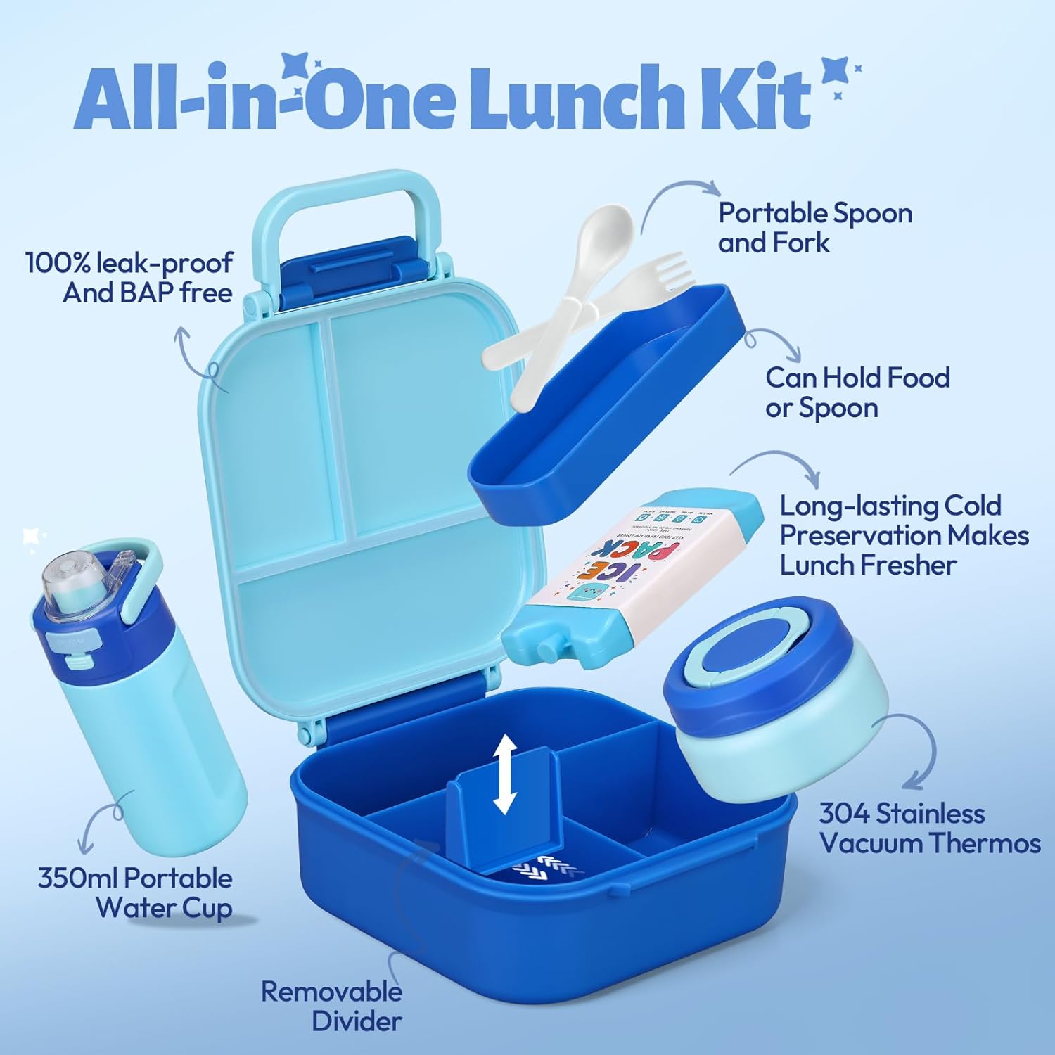 Itslife Bento Box for Kids Set, Insulated Food Container,Kids Lunch Box, 7 oz Thermos for Hot Food, 12 oz Thermos Water Bottle, Reusable Insulated Ice Bag & Fork Spoon Utensils Camping Travel Blue
