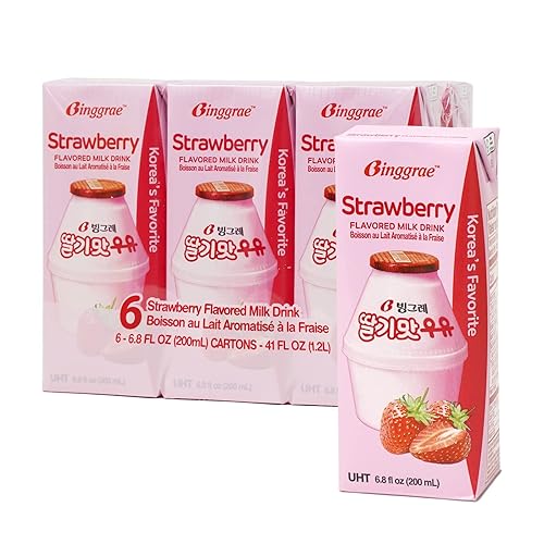 Binggrae Strawberry Flavored Milk Drink – Sweet and Creamy Korean Beverage – Shelf-Stable 6.8 fl oz Cartons – Pack of 6 - Strawberry - 6.8 Fl Oz (Pack of 6)