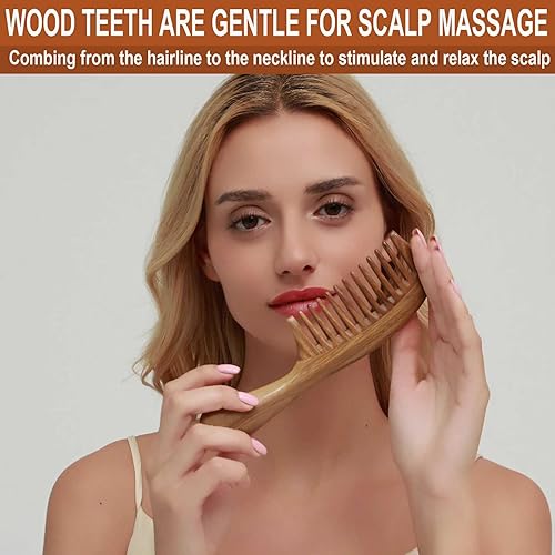 Miniatura 5 de Peine de madera para mujeres, peine de dientes anchos para el crecimiento del cabello rizado, sándalo verde