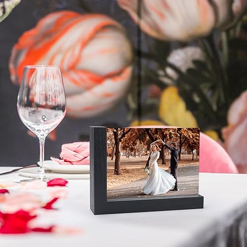 Miniatura 7 de Lavezee Paquete de 2 marcos de fotos de 4 x 6 pulgadas, hechos de base de madera negra en forma de L con vidrio, imágenes de fotos de doble cara de