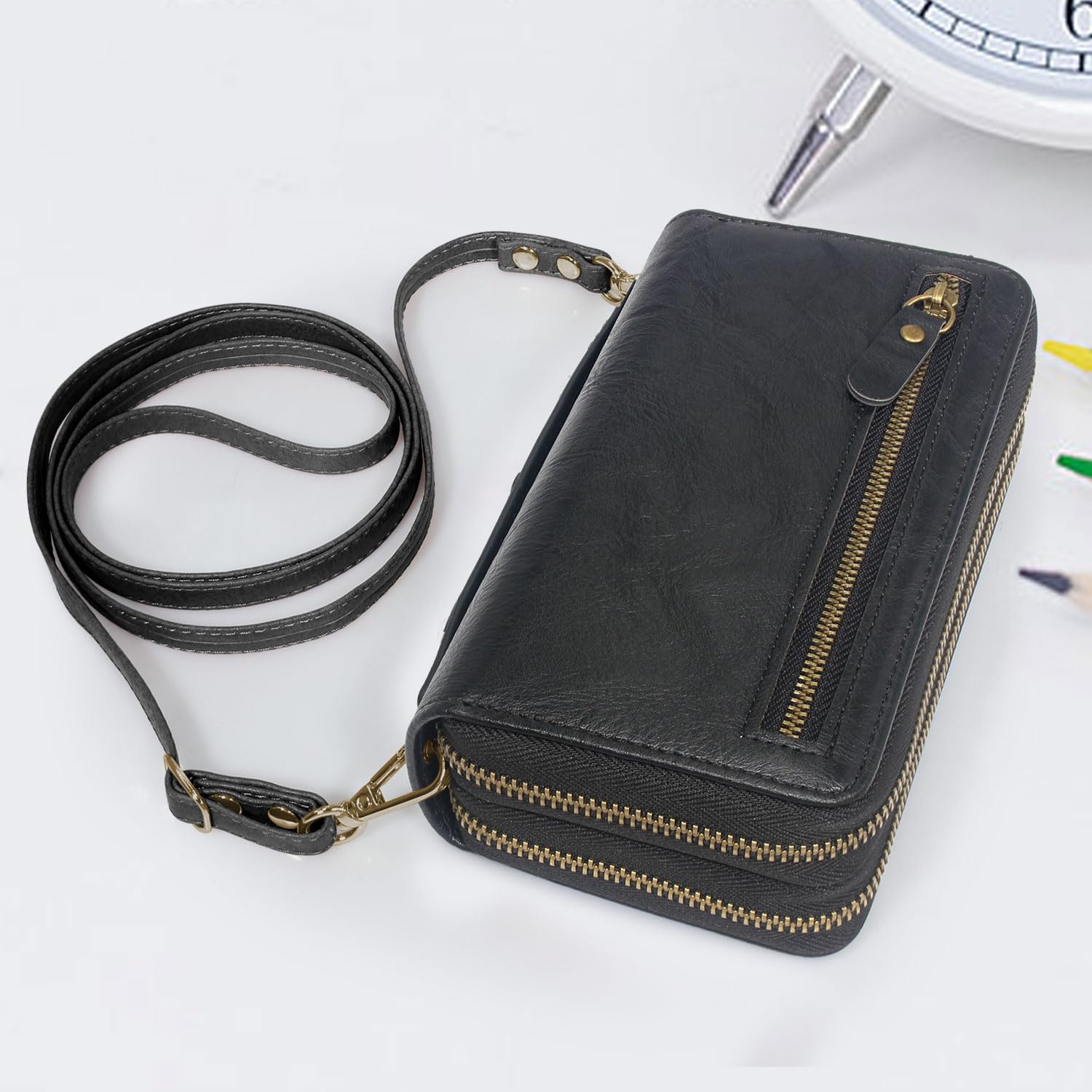 Harryshell Compatible with Samsung Galaxy S25+ Plus Case Wallet Multi Zipper Detachable Removable Cover Purse with Card Slots Holder Mirror Crossbody Wrist Strap for 6.7 inch (Black)