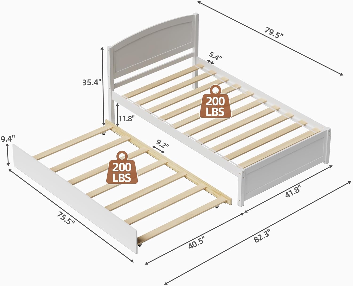 Diagram showing dimensions of the Betterhood Twin Trundle Bed