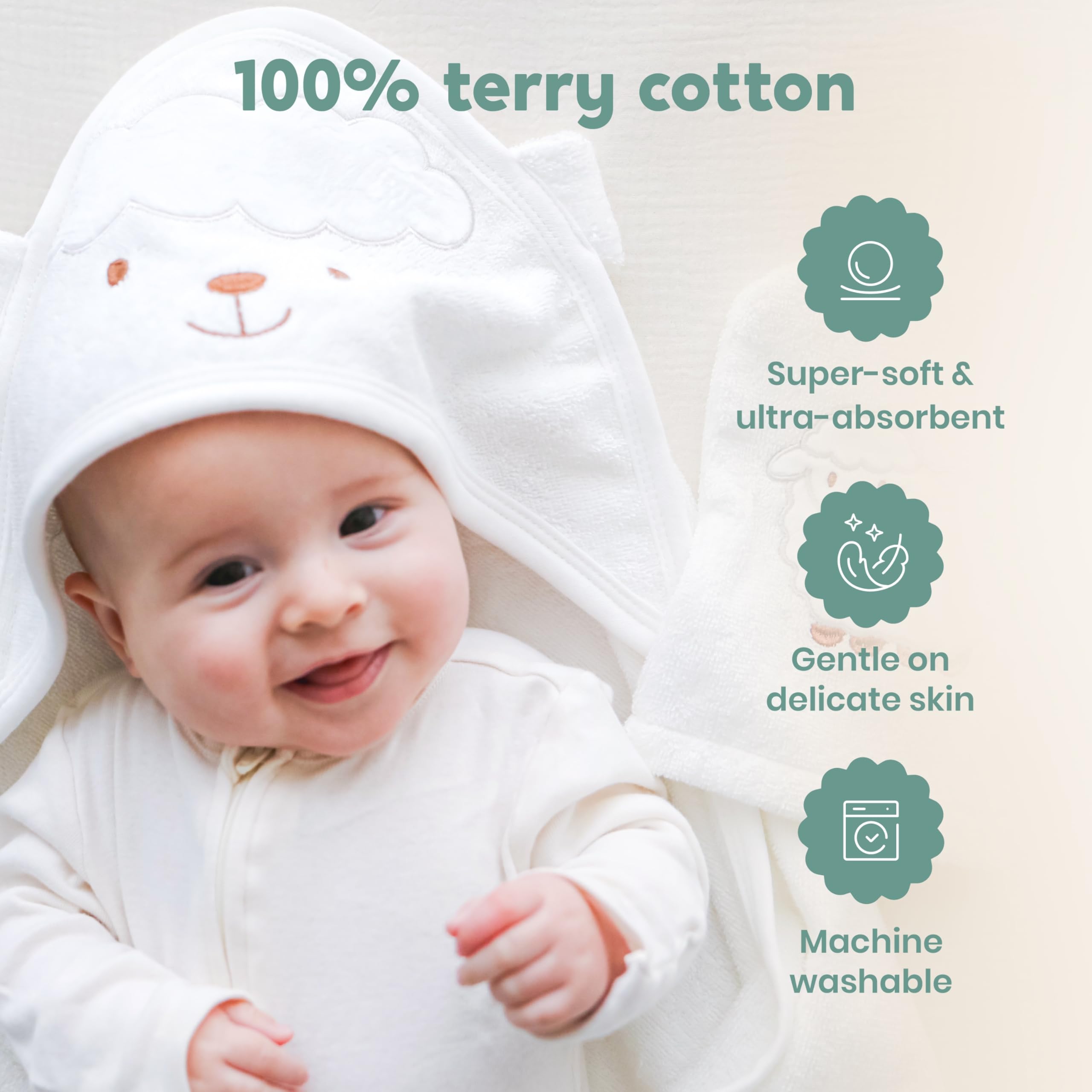 CuddleBug Premium Hooded Baby Towel & Washcloth Set, 100% Cotton Terrycloth Bath Towels for Newborn & Toddler - Image 3