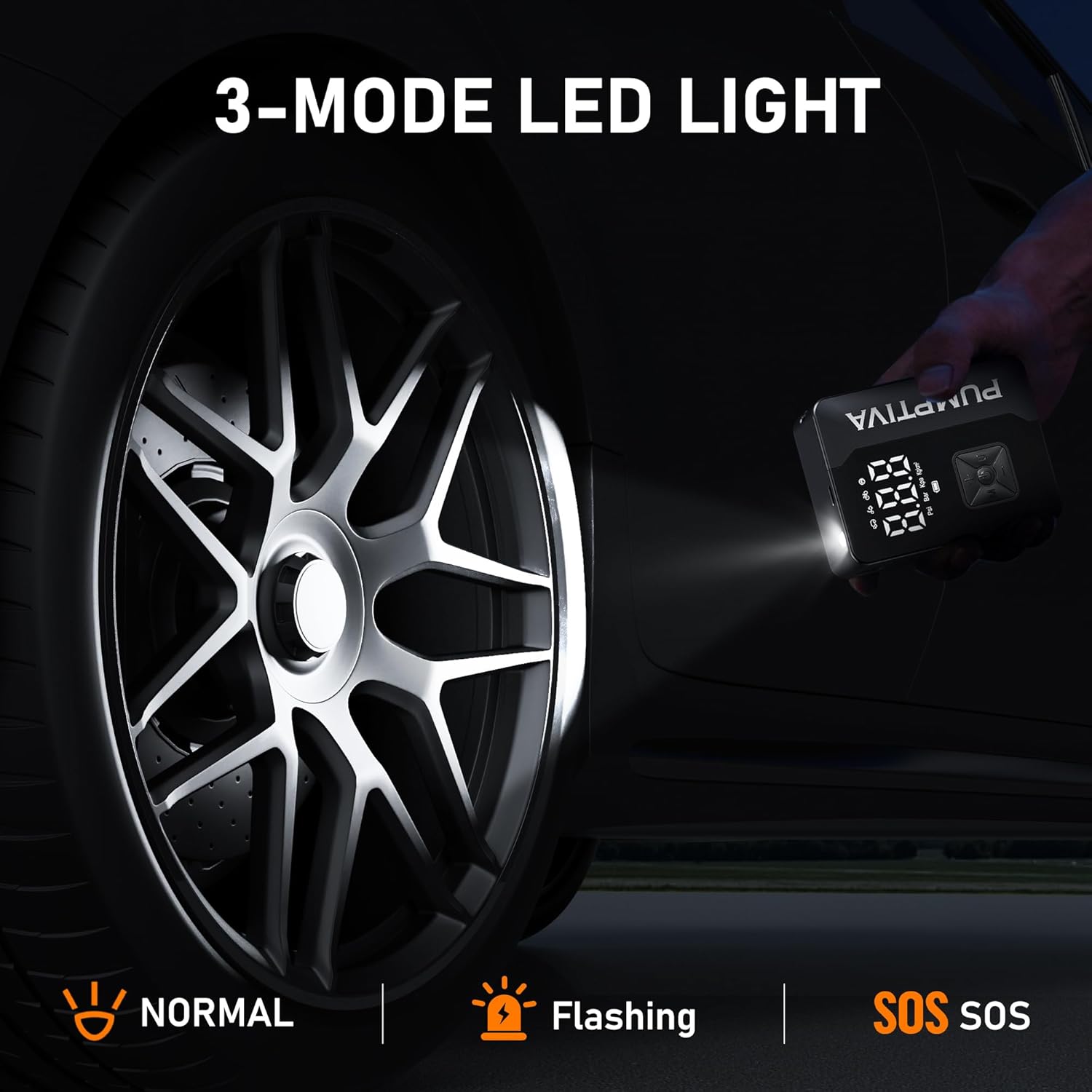 Pumptiva P011-NEW Portable Tire Inflator with its 3-mode LED light illuminating a car tire.