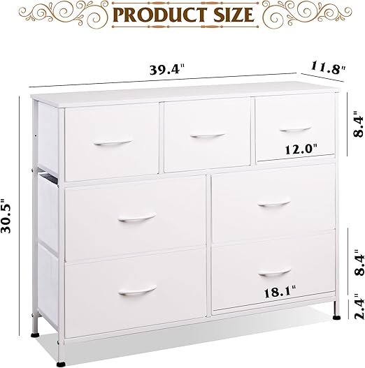 WLIVE Dresser with 7 Drawers, Dressers for Bedroom, Fabric Storage Tower, Hallway, Entryway, Closets, Sturdy Steel Frame, Wood Top, Easy Pull Handle, White thumbnail 3