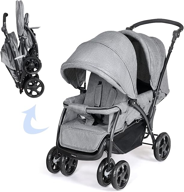 COSTWAY Foldable Baby Pram - Double Seat Push Stroller with Adjustable Backrest, Push Handle & Footrest, 5 Points Safety Belts, Sunshade & Storage Basket, Shock Absorber Front Wheel (Grey)