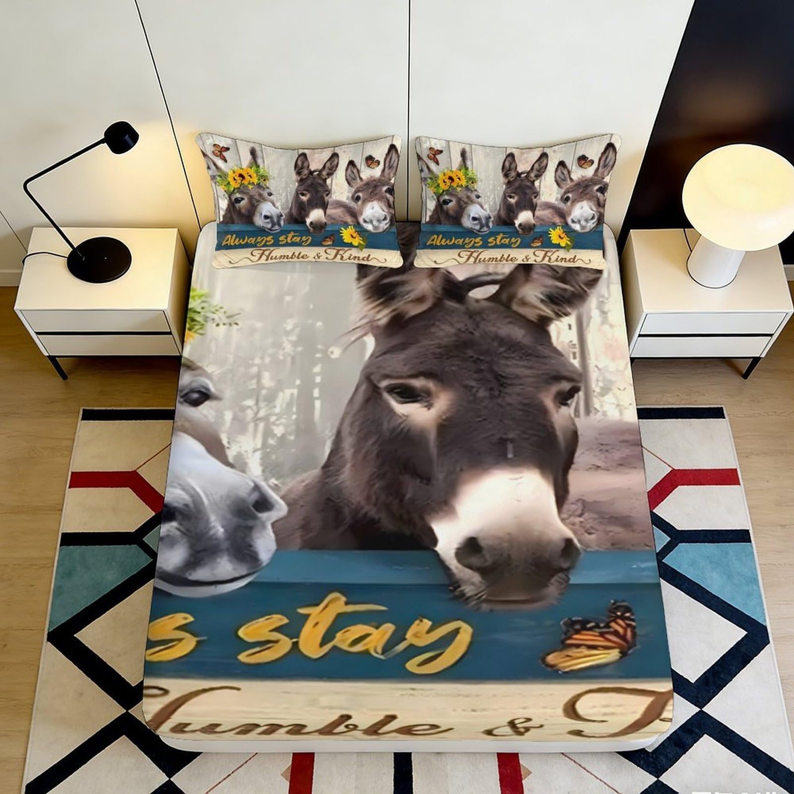 3D Printed Donkey Animal Fitted Sheet Microfiber Soft Breathable Farmhouse Rustic Mattress Cover Bedroom Decor 90x200x25cm