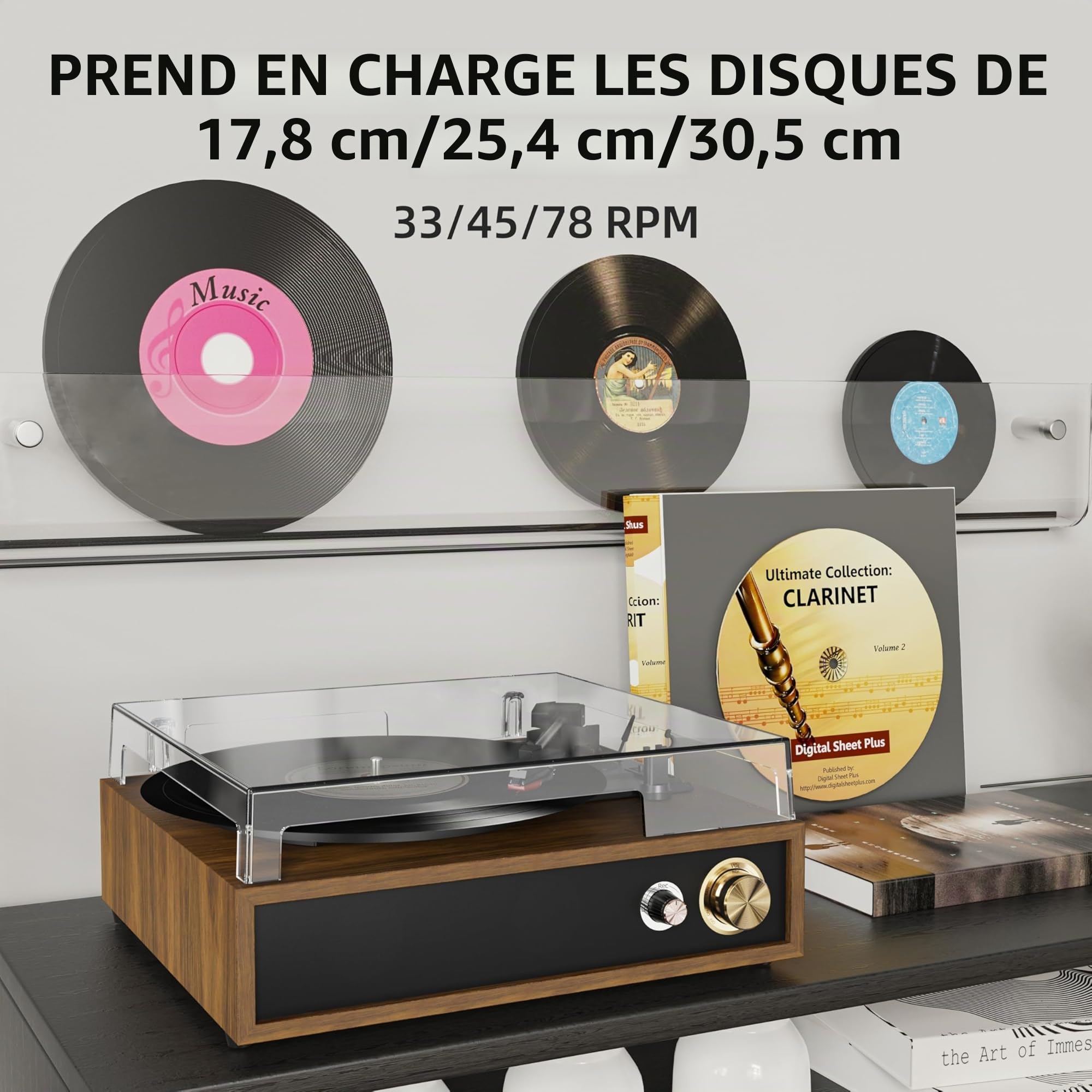 FYDEE Platine Vinyle avec Lecture et Enregistrement USB, Bluetooth Bidirectionnel, Vitesses 33/45/78 Tours, Haut-parleurs Stéréo Intégrés, Sortie RCA et Couvercle Anti-poussière Transparent - Teck