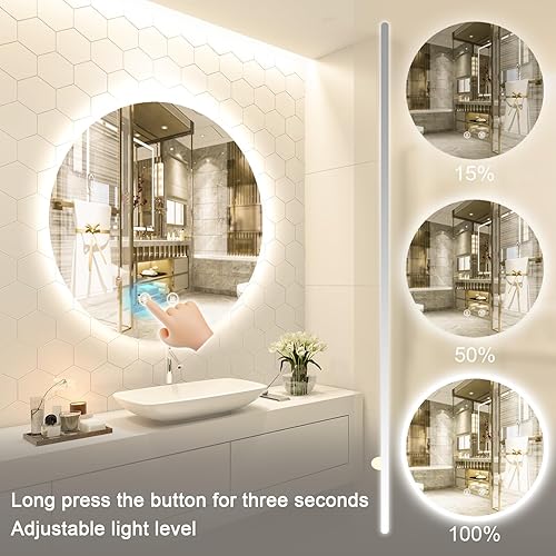 Miniatura 4 de Espejo LED para baño de 24 pulgadas, retroiluminado con luces, táctil regulable inteligente, 3 modos de color, a prueba de roturas, redondo