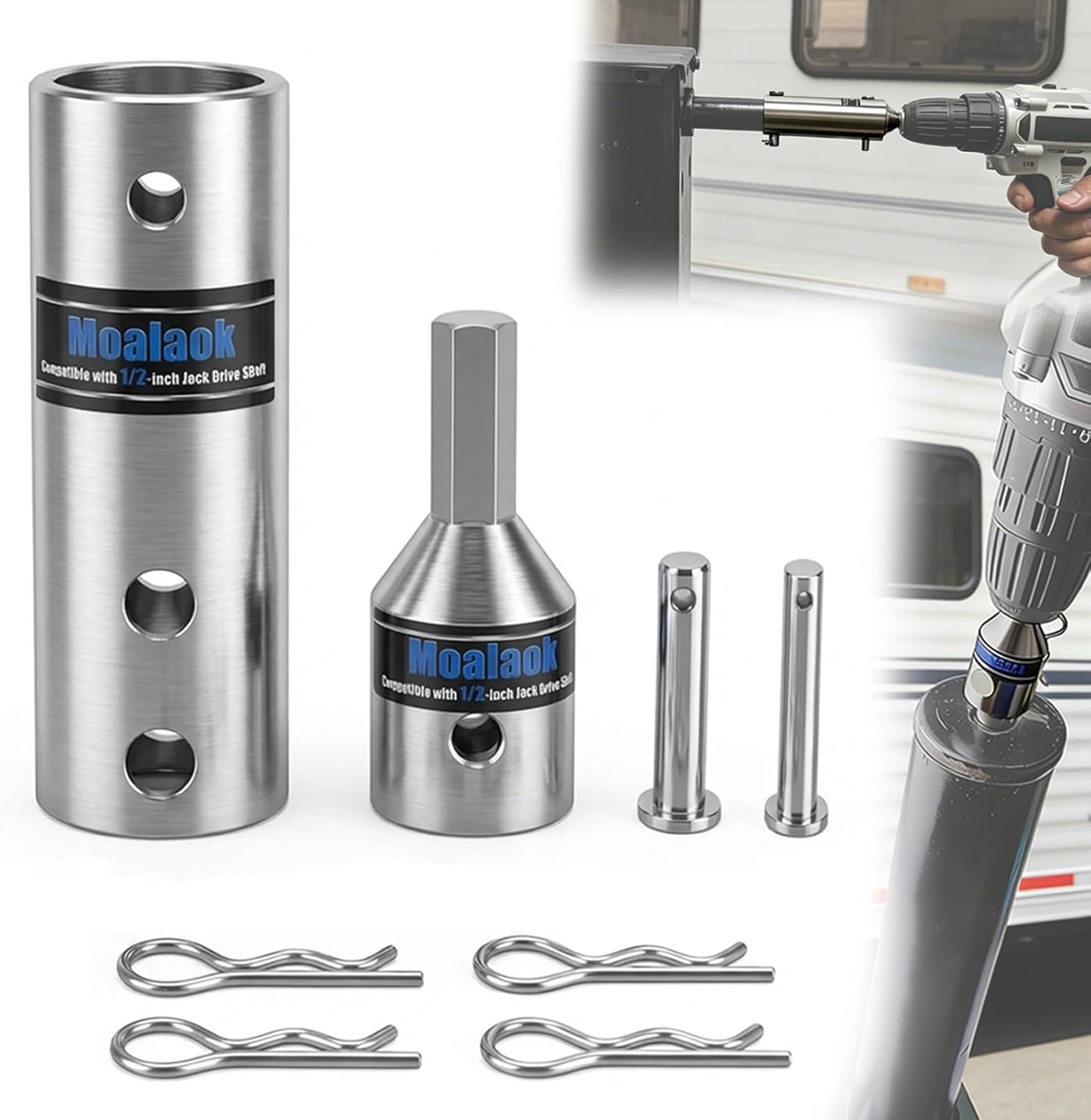 2 in 1 Trailer Jack Drill Adapter for 1 inch & 1/2 inch Jack Drive Shaft- Stainless Steel, with 1/2 Inch Socket Adapter Fits Cordless Drills for Top Wind Jacks
