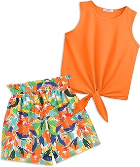 Girl's 2 Piece Outfits Summer Tie Knot Tank Top and Paperbag Waist Pocketed Short Sets