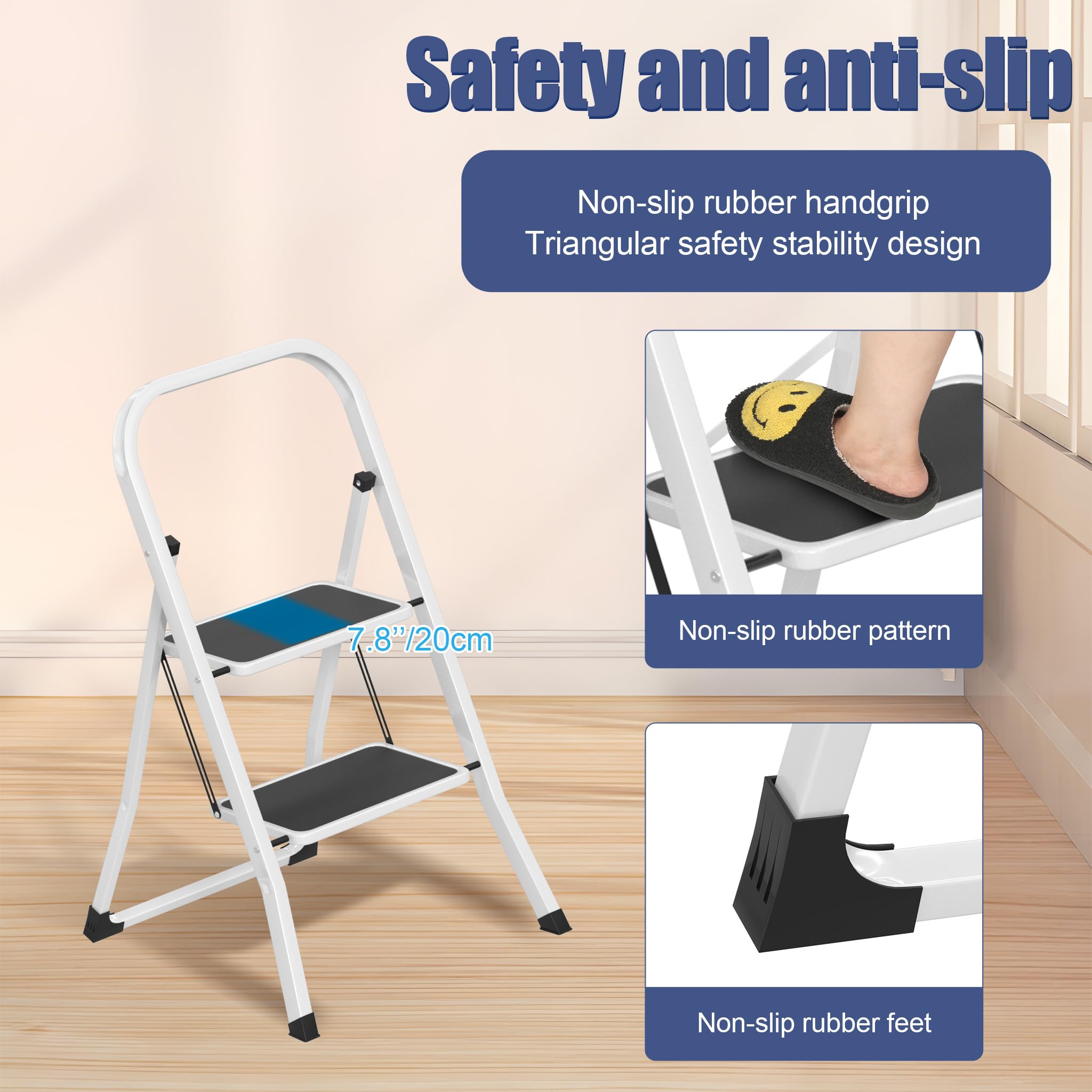 LARS360 Scala pieghevole a 2 livelli, in acciaio con gradini antiscivolo, portata 150 kg, pieghevole, per casa, cucina, ufficio, salvaspazio, solo 5 cm (nero + bianco)