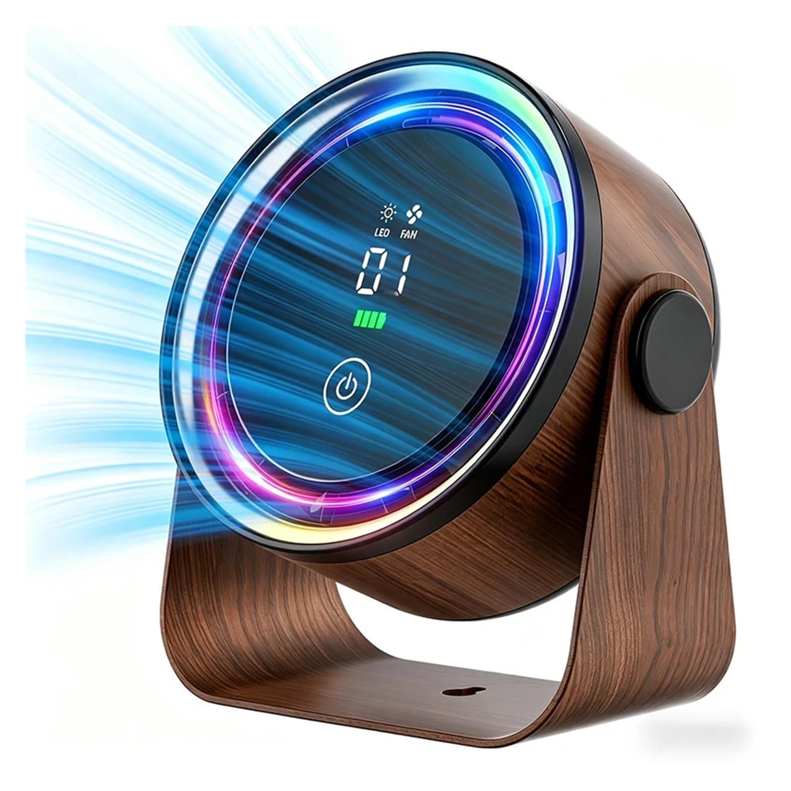 Generico Mini ventilatore ricaricabile for scrivania e parete | 5000 mAh, 5 velocità, rotazione a 360°, luce notturna, montabile a parete(Light wood grain)