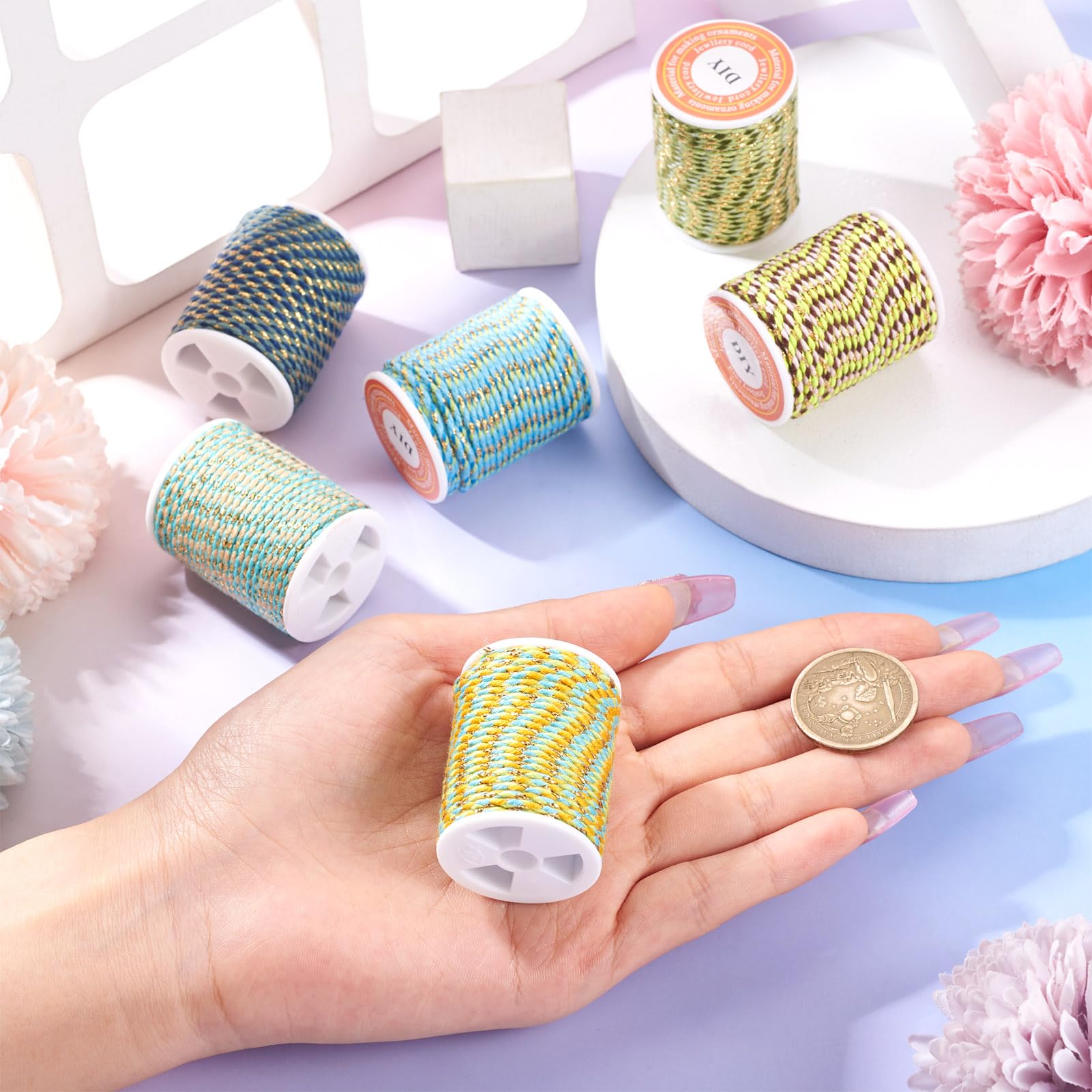 Lot De 5 Rouleaux Cordon Tressé Polyester 4 Plis 1,5 Mm – Idéal Macramé, Bijoux, Suspensions Plantes Et Déco Murale (20 M Au Total)