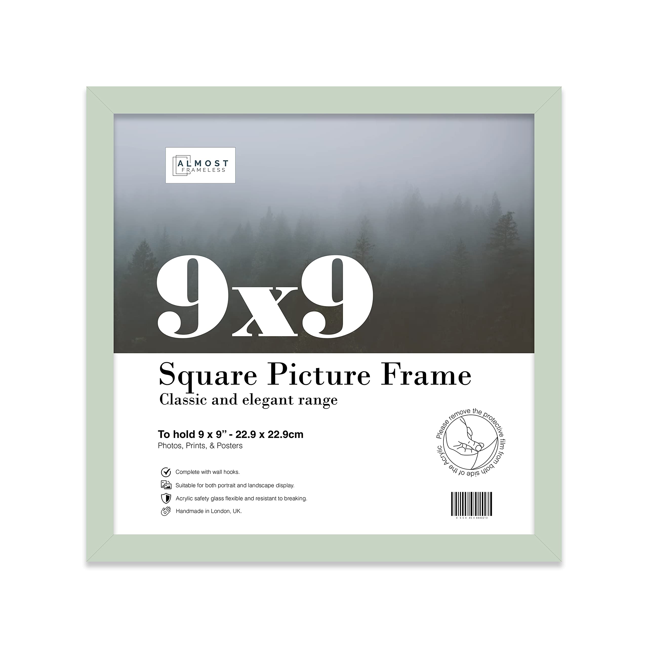 Almost Frameless 9x9 Mint Green Picture Frame 9"x9" (22.9x22.9cm) Poster, Photo, Artwork, or Print. Thin Edge Slim Frame Portrait and Landscape Display with Wall Hooks โ image 1