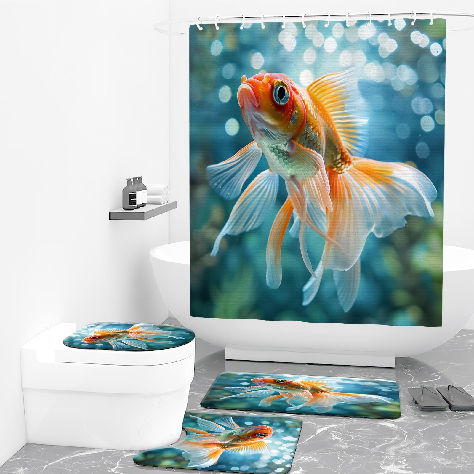 Amazon｜cromcu 4ピース 金魚シャワーカーテンセット ラグ付き 金魚