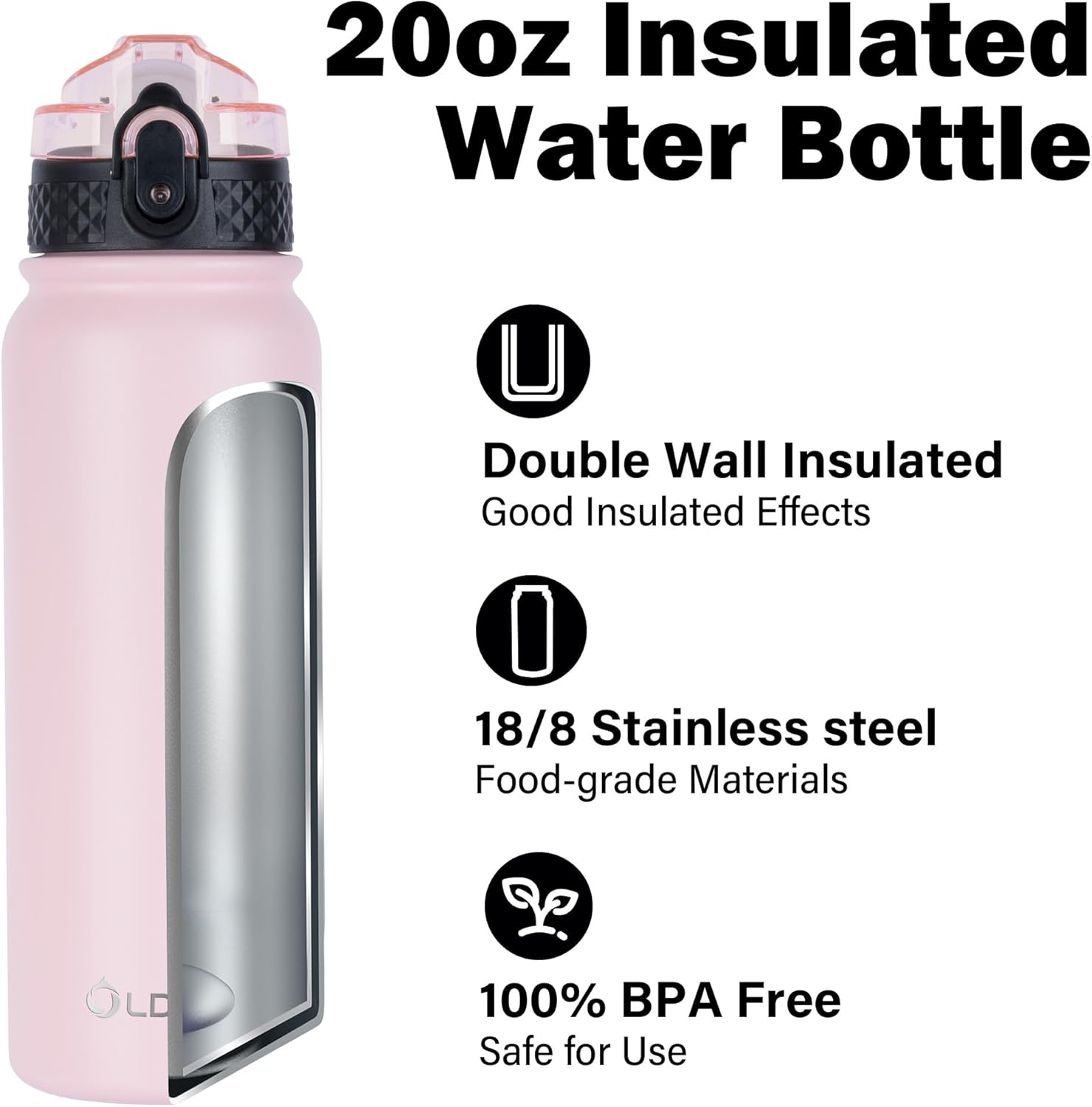 Oldley Insulated Water Bottle 20oz Water Bottles with Straw, Stainless Steel Water Bottle with 3 Lids, Double Wall Vacuum Bottles for Adult Kids, Sports Bottles for School Travel, Pink - Image 4