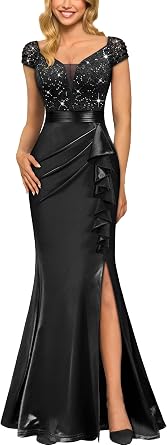 Miusol Women's Vintage V-Neck Slim Ruffle Split Evening Formal Maxi Dress | Cap Sleeves, Sequin Lace Contrast Satin, Layered Ruffles for Prom, Wedding Party