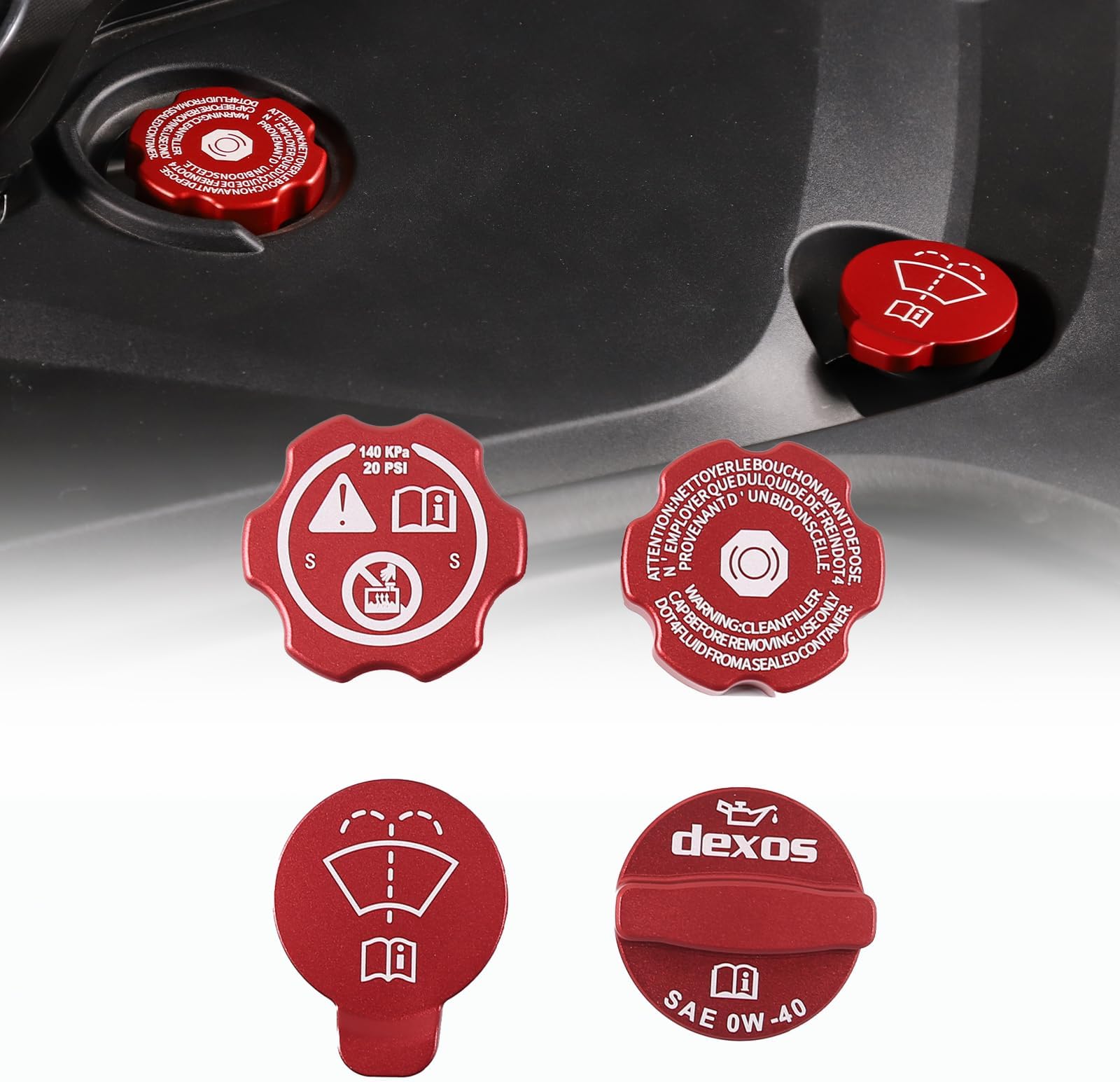 CHEAYAR Aluminium Alloy Engine Oil Cap Radiator Cap Washer Cap Brake Fluid Cap Cover Trim Compatible with Chevrolet Corvette C8 2020-2023, Engine Cap Cover Set C8 Accessories 4PCS (Aluminum - Red)