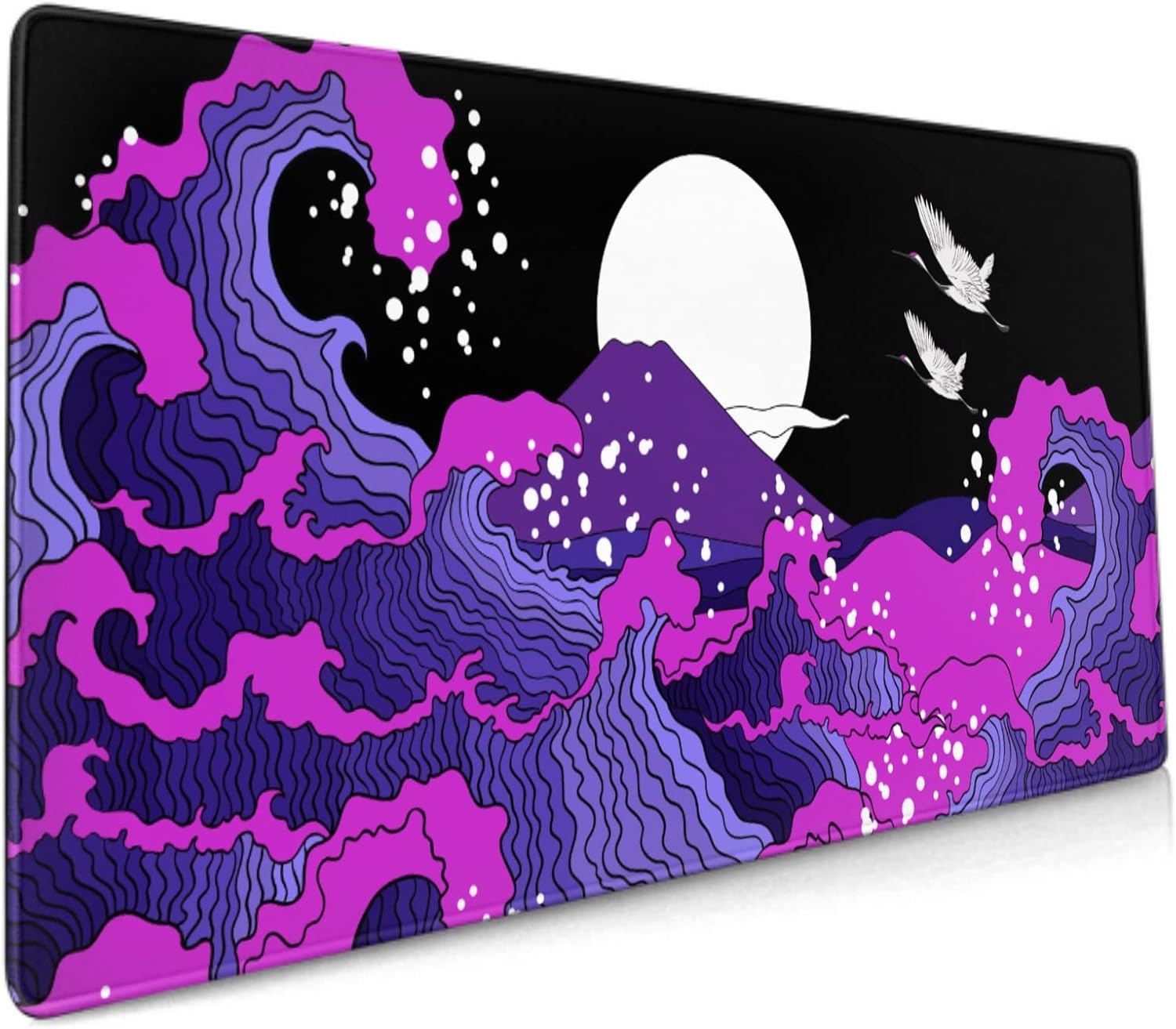 Japanese Balck Blue Purple Wave Gaming Mouse Pad 35.4 X 15.7 Inch XXL Cool Style Art Design Full Des Mousepad Extended Large Non-Slip Rubber Base Keyboard Mat with Stitched Edges for Home Office