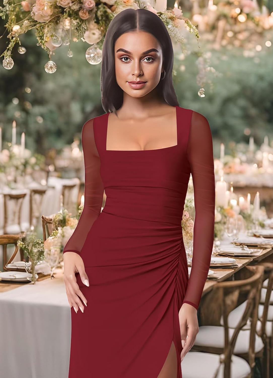 Women Mesh Long Sleeve Square Neck Ruched Sheath Formal Evening Maxi Dress Cocktail Party Wedding Guest Dresses - Image 5
