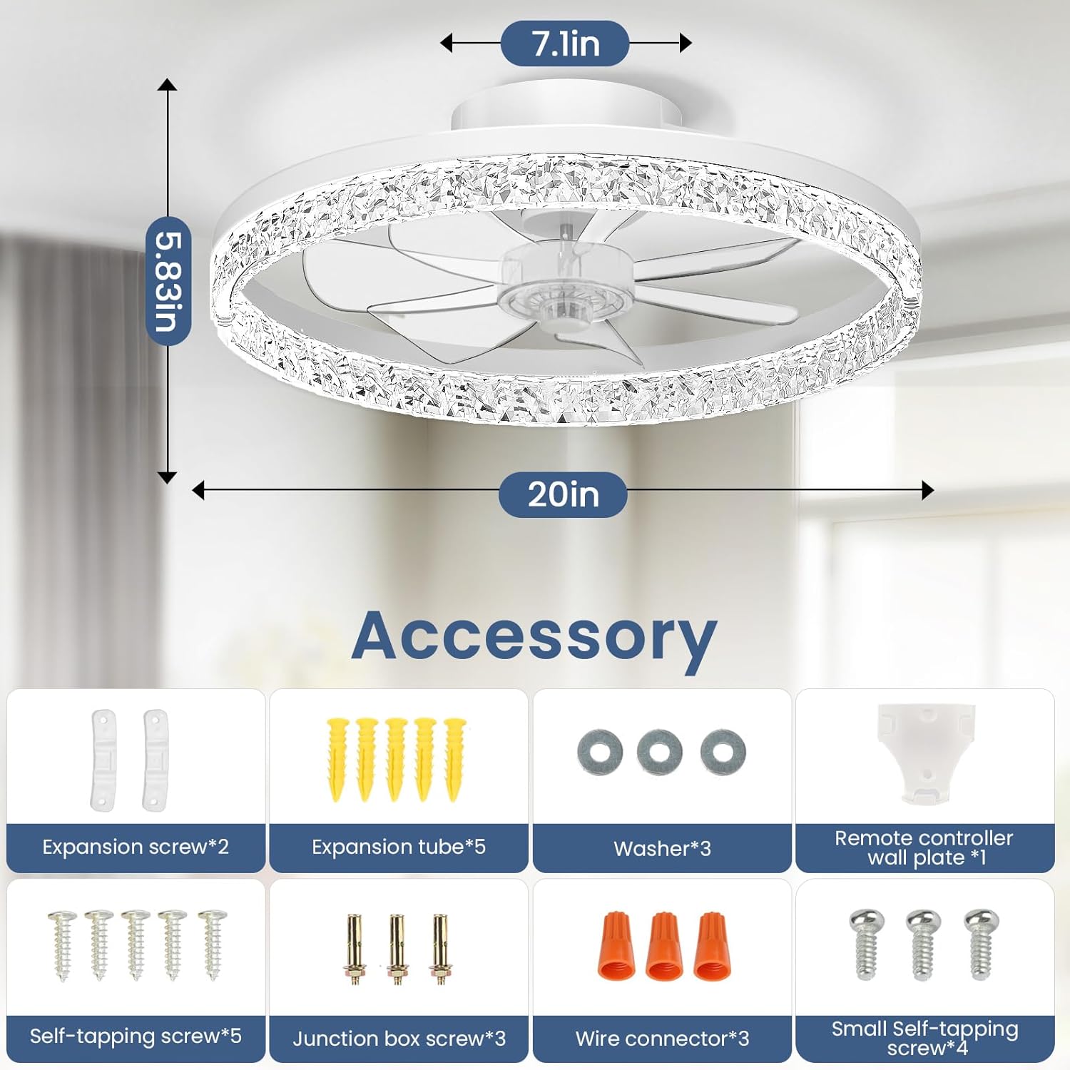 Ceiling Fan with Light, 20" Foldable Ceiling Fans, Stepless Color Temperature Change and 6 Speeds Low Profile Ceiling Fans for Bedroom, Kids Room and Living Room (Crystal White)