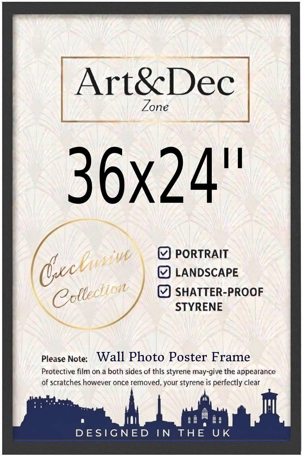 Art & Dec Zone® Sleek Black MDF Picture Frame 36x24 Inch – High-Clarity Shatter-Proof Acrylic Poster Holder for Modern Wall Decor
